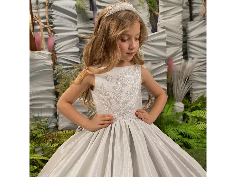 Close-up of the sequined bodice of the silver formal dress.