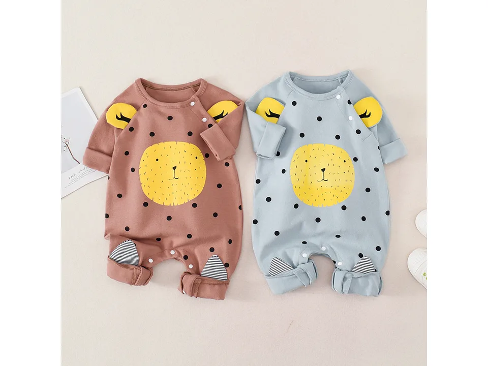 Brown and blue infant jumpsuits with yellow animal face graphics displayed side by side.