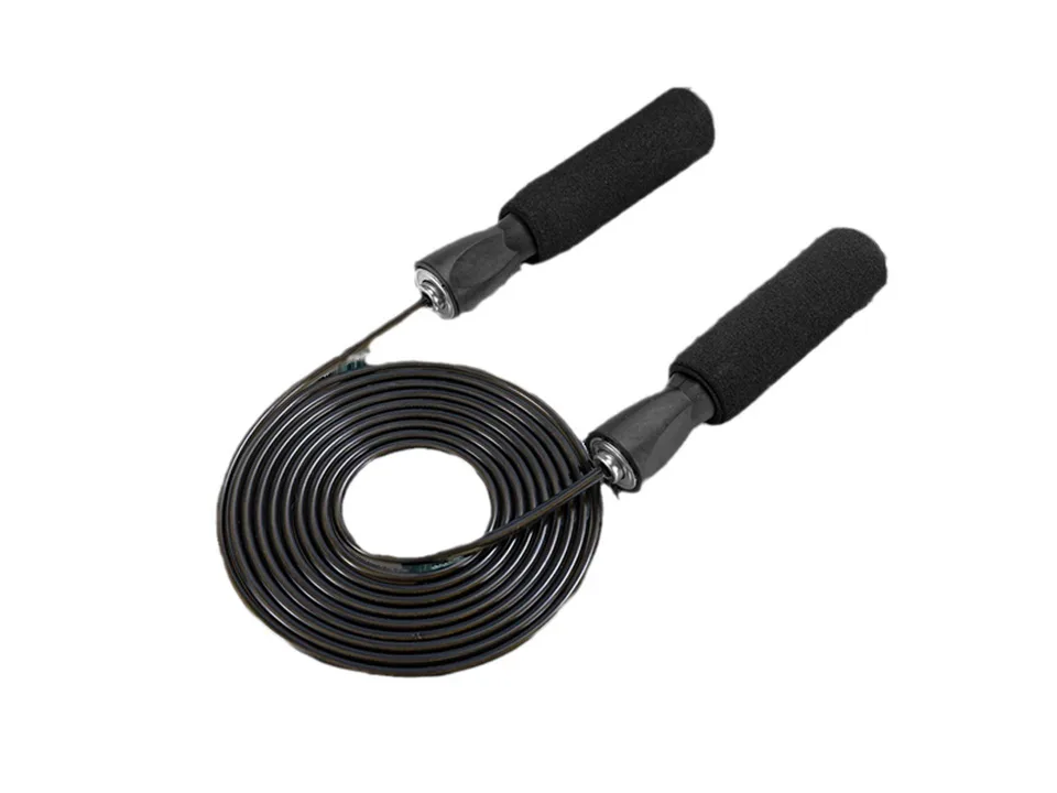 Full view of the black skipping rope with foam handles coiled on a white background.