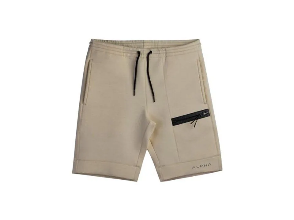 Beige athletic gym shorts with a zipper pocket and drawstring waist.