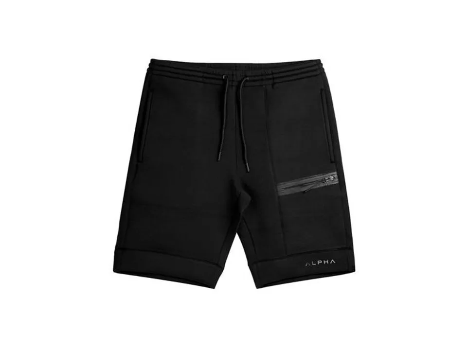 Black athletic gym shorts with a zipper pocket and drawstring waist.