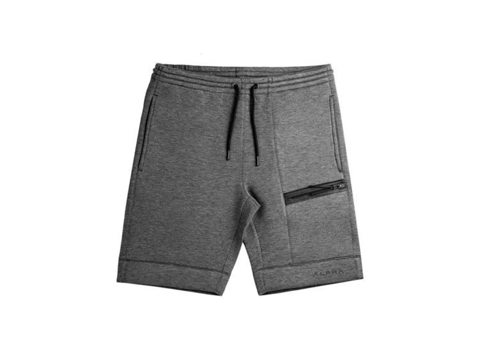 Grey athletic gym shorts with a zipper pocket and drawstring waist.