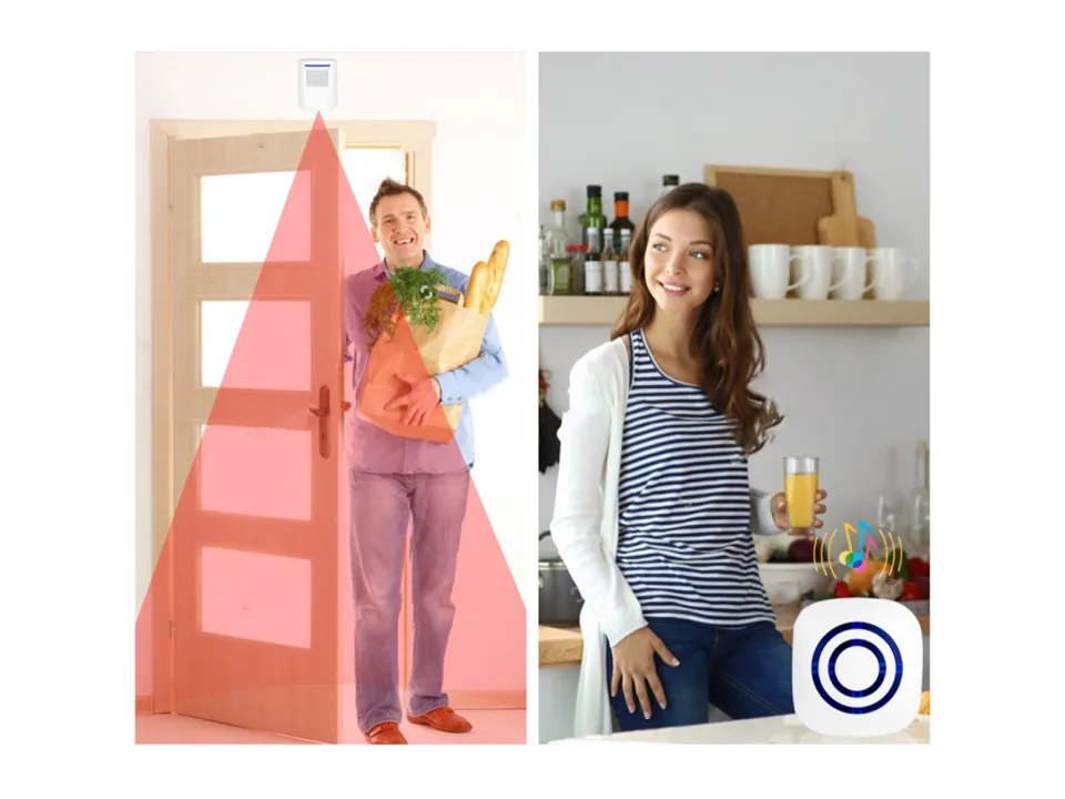 Motion sensor doorbell detecting a person at the door and alerting the receiver inside.