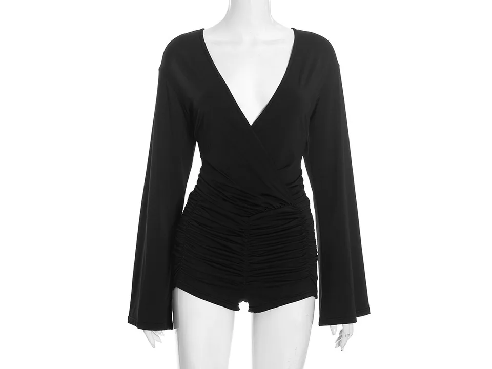 Black long sleeve V-neck romper with ruched detail on a mannequin