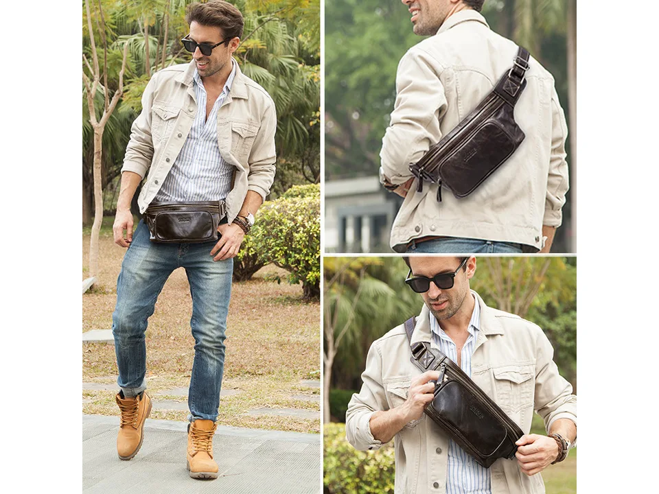 A man wearing a brown leather waist bag across his chest and around his waist.