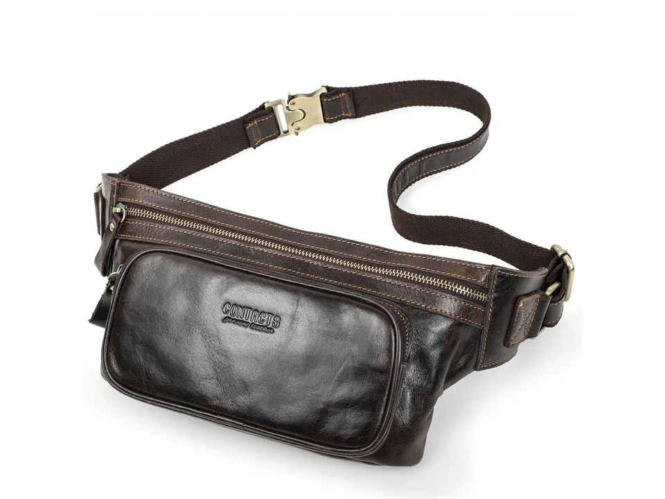 Brown leather waist bag angled to show the front and side strap attachment.