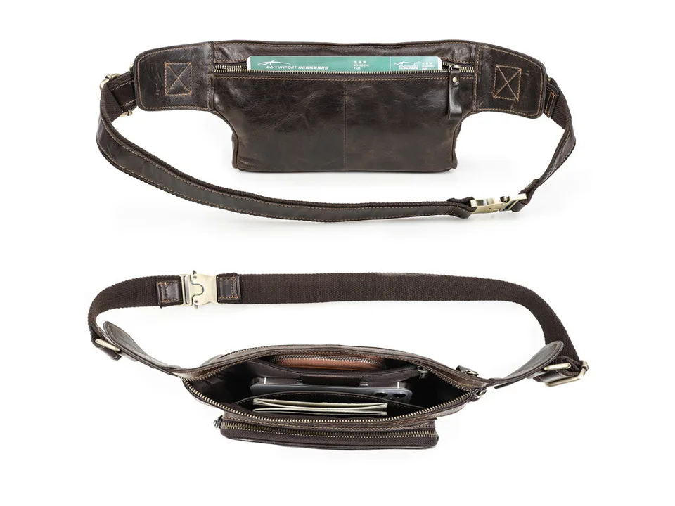 Top view of the open waist bag showing internal compartments and a back pocket with a boarding pass.