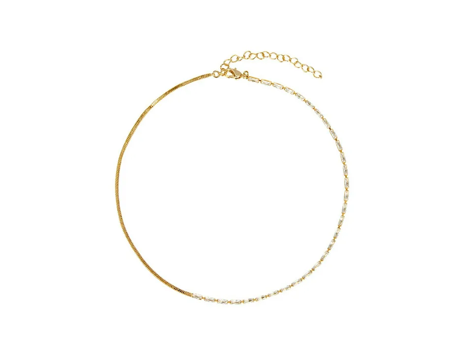 Gold half chain and half cubic zirconia necklace on a white background.