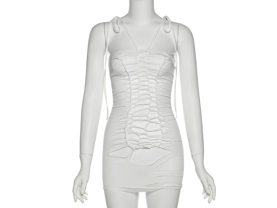 A white lace-up bodycon mini dress displayed on a mannequin.