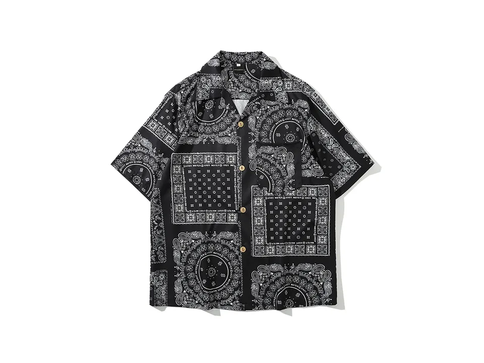 Front view of a black paisley print short sleeve button-down shirt.