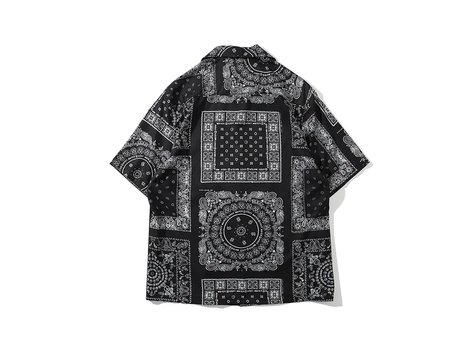 Back view of a black paisley print short sleeve button-down shirt.