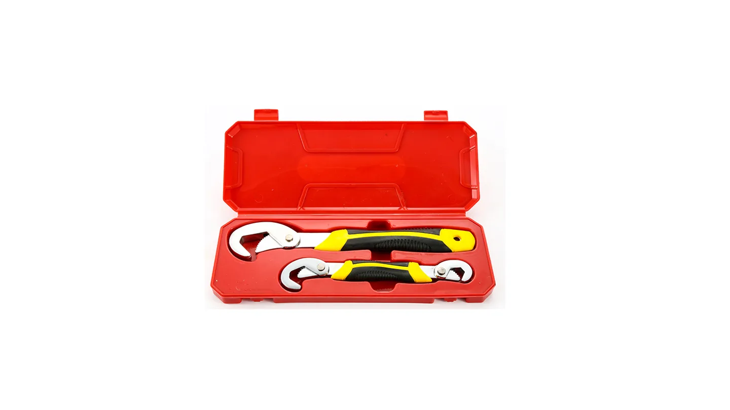 Two adjustable wrenches in a red plastic storage case.