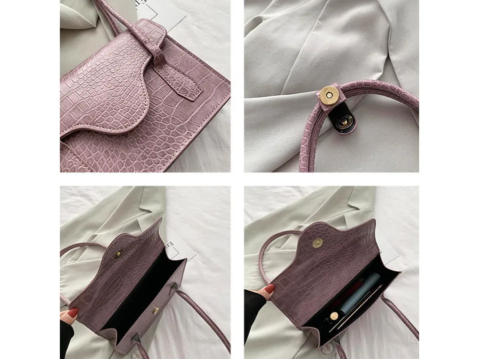 Collage showing close-ups of the bag's texture, magnetic clasp, and open interior.