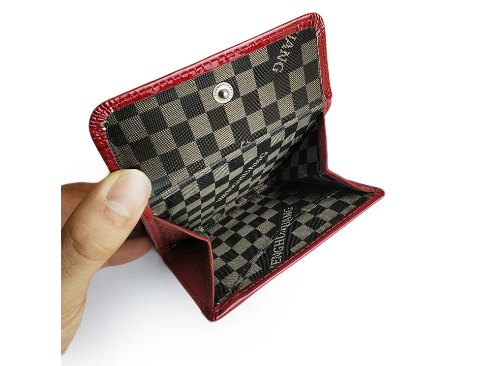 Open wallet showing checkered interior lining