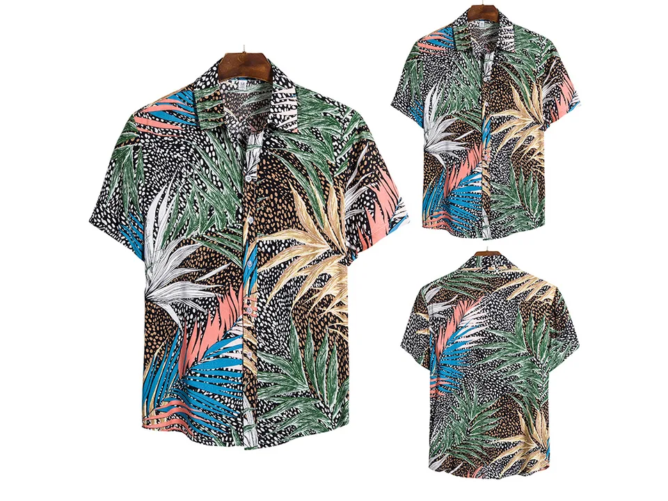 Front and back view of a short-sleeve button-down shirt with a tropical leaf print.
