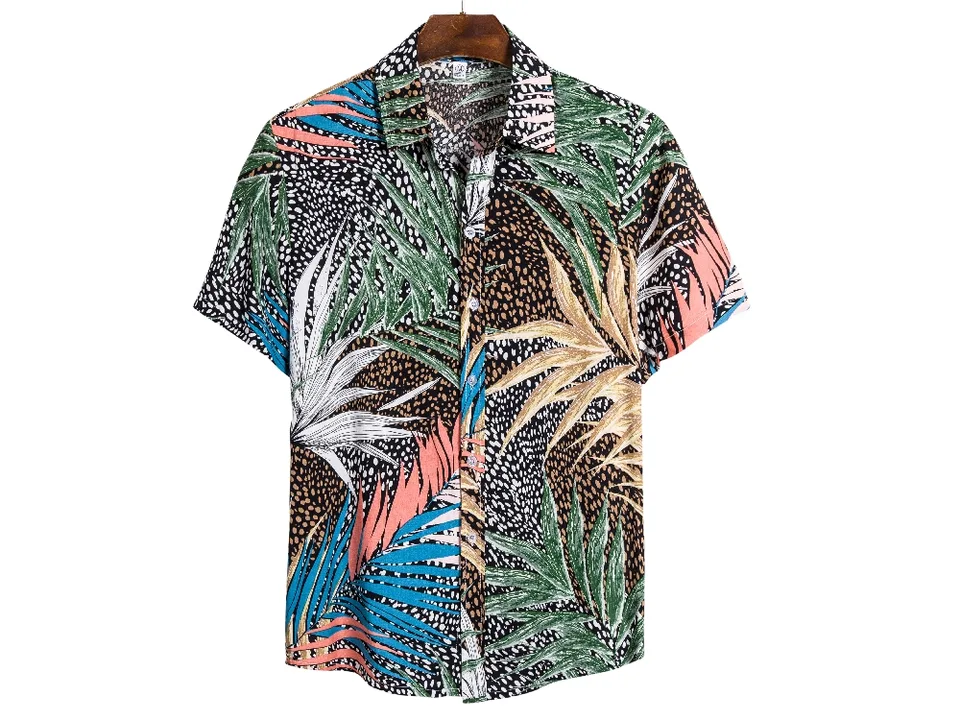 Front view of a short-sleeve button-down shirt with a colorful tropical leaf pattern.