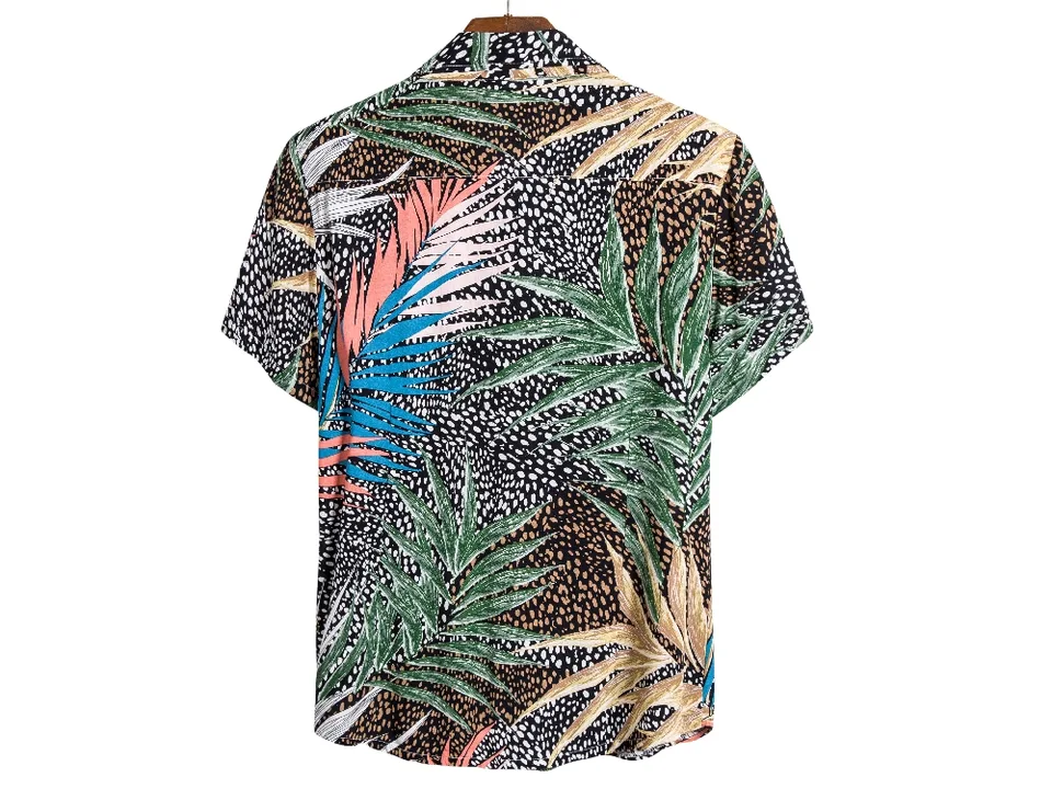 Back view of a short-sleeve button-down shirt with a colorful tropical leaf pattern.