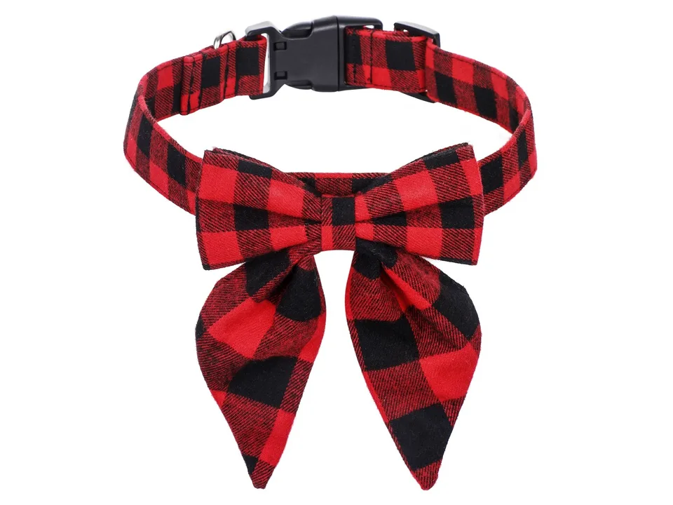 Red and black buffalo plaid dog collar with a matching bow tie.