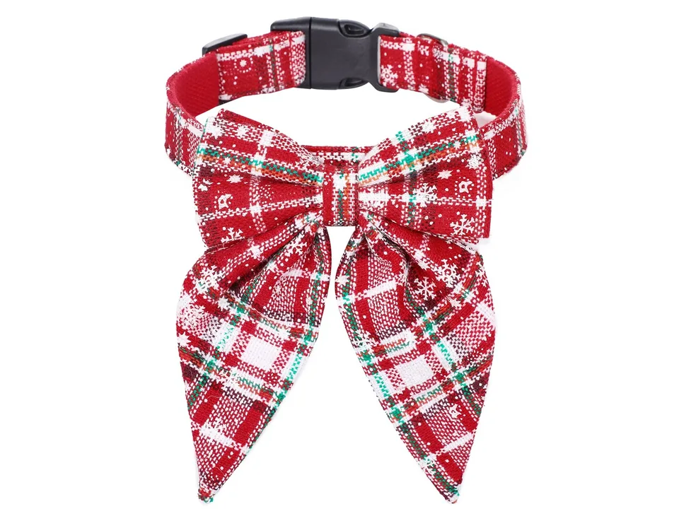 Red and white plaid dog collar with snowflake pattern and a matching bow tie.
