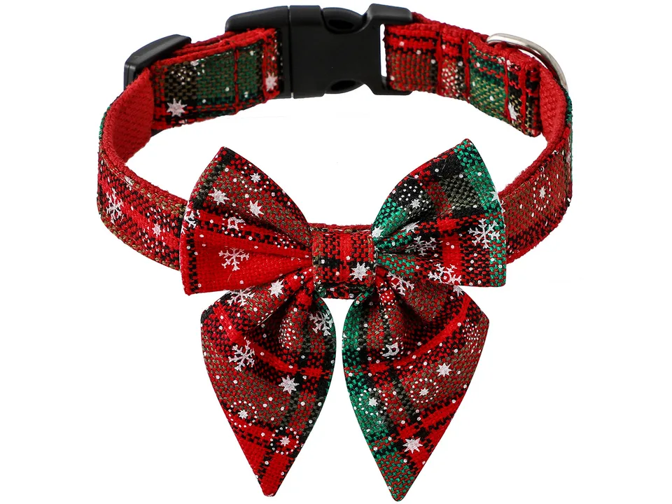 Green and red plaid dog collar with snowflake pattern and a matching bow tie.
