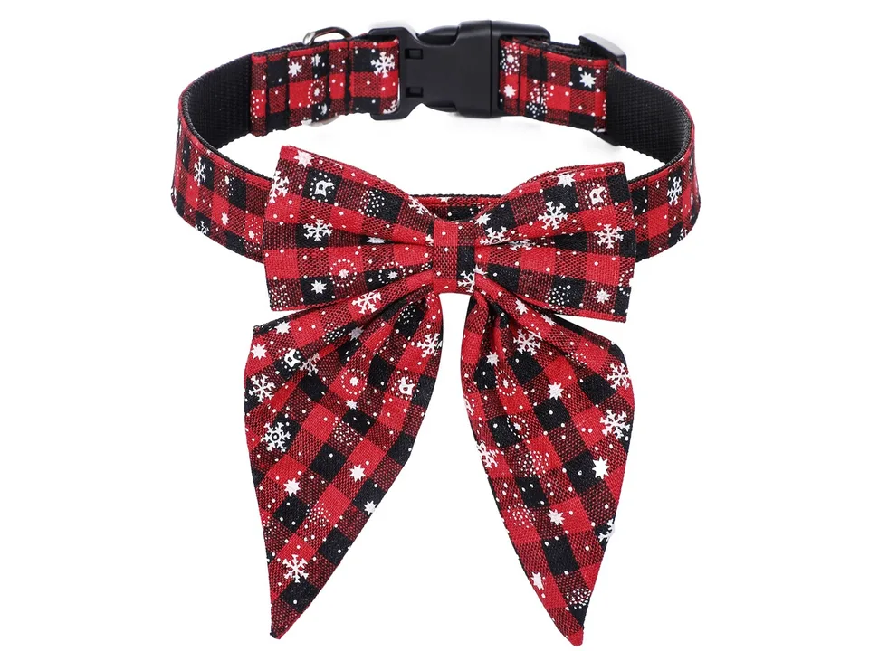 Red and black plaid dog collar with white snowflake pattern and a matching bow tie.