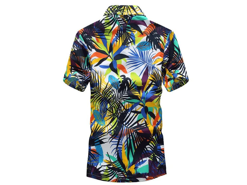 The back view of the colorful tropical print shirt.