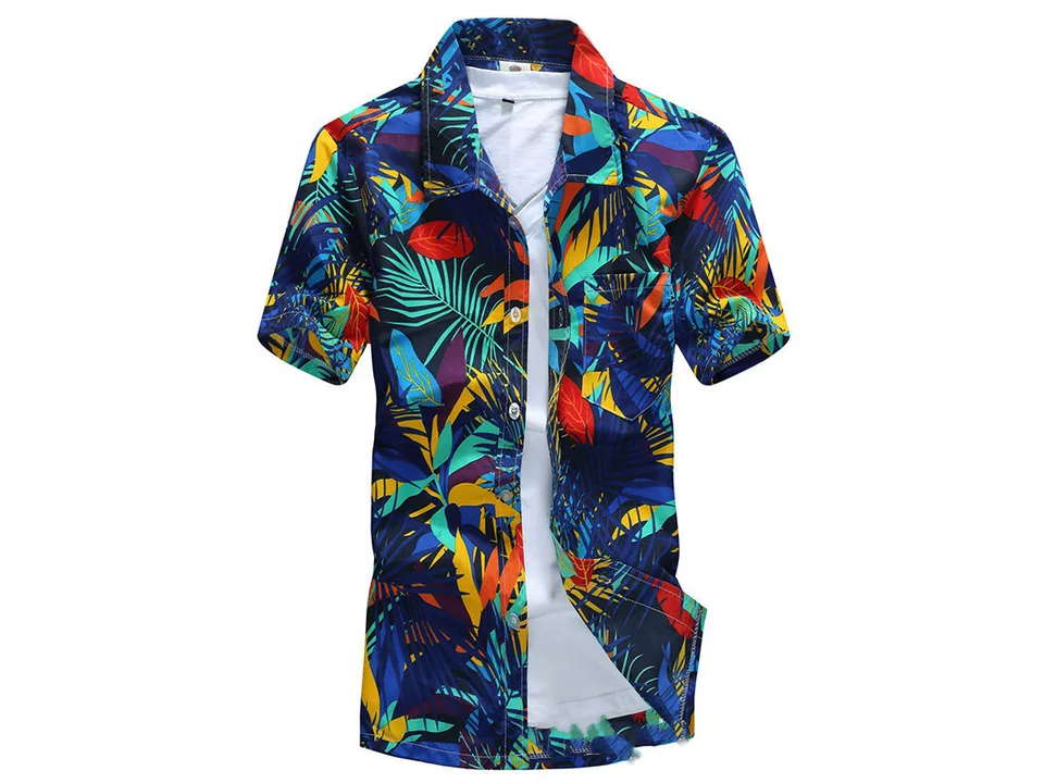 A men's short-sleeve button-down shirt with a colorful tropical leaf print.