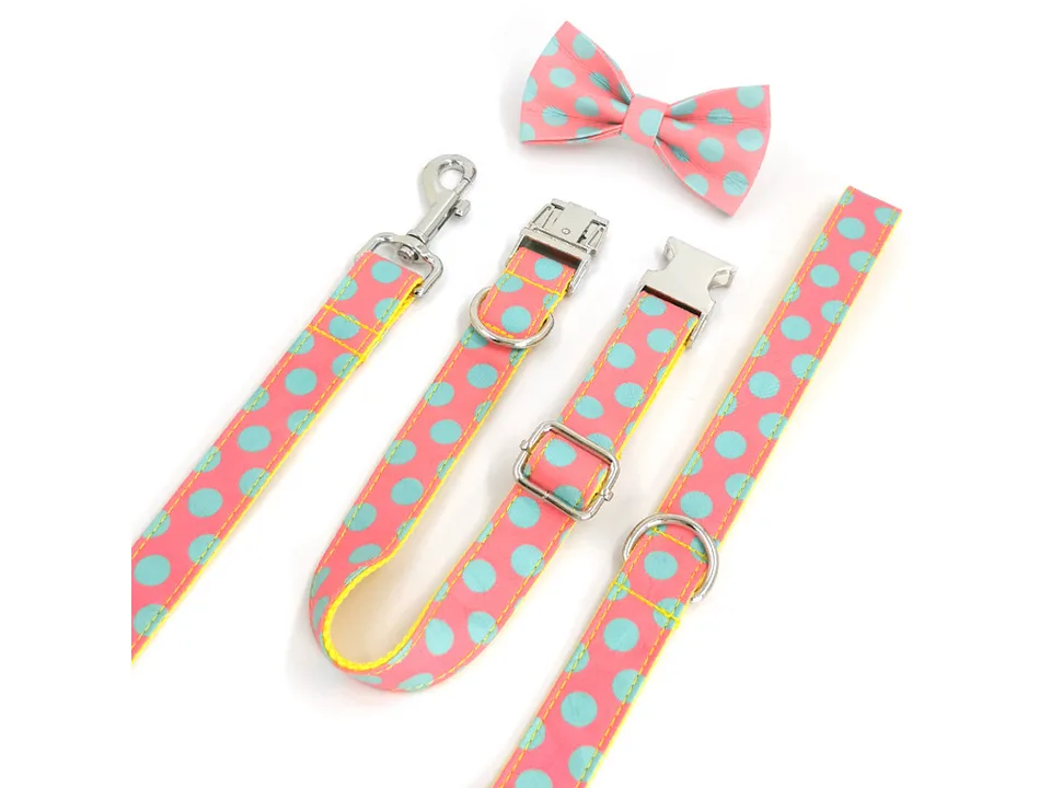 A polka dot dog collar, leash, and bowknot laid out on a white background.