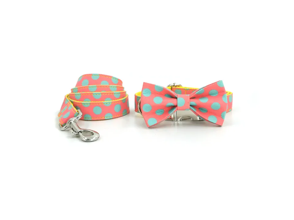 A polka dot dog collar with a bowknot and a matching leash.