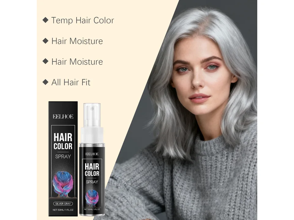 Temporary silver gray hair color spray bottle and box next to a woman with silver hair.