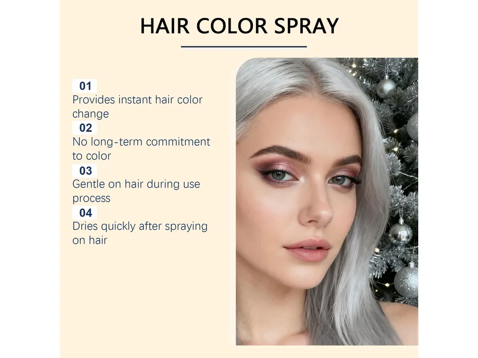 List of benefits for the hair color spray next to a woman with silver hair.