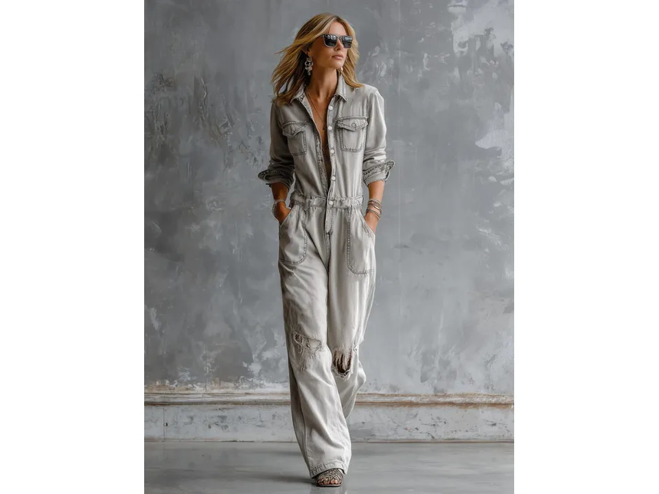 Full-length view of a woman wearing a distressed grey denim-style jumpsuit and sunglasses.