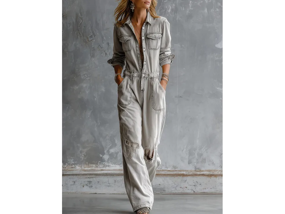 Full-length view of a woman wearing a distressed grey denim-style jumpsuit.