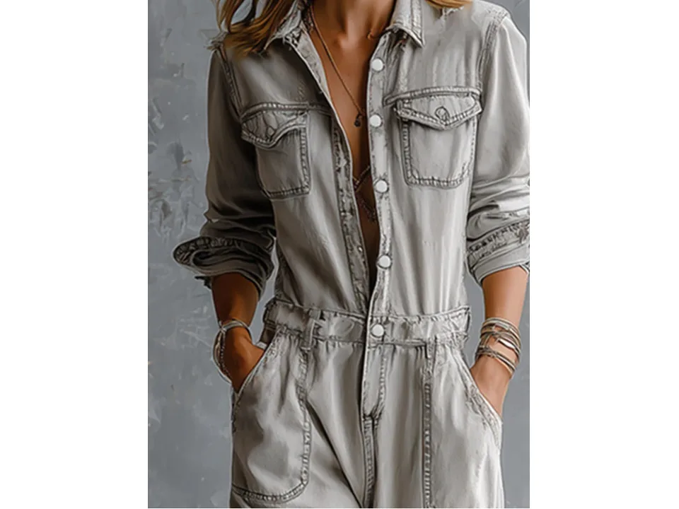 Close-up of the upper body of a woman wearing a grey denim-style jumpsuit with pockets.