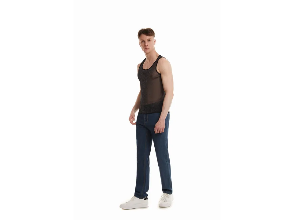 A man wearing a black sleeveless tank top.