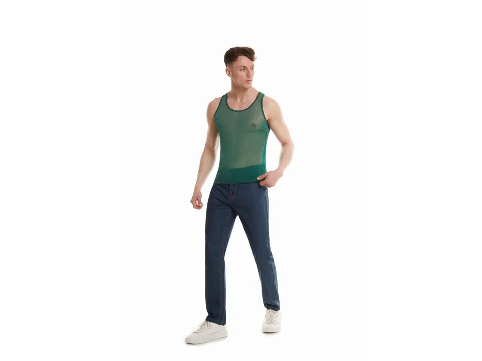 A man wearing a green sleeveless tank top.