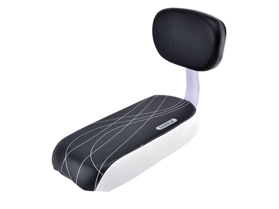 Bicycle rear seat cushion with backrest, isolated on white background.
