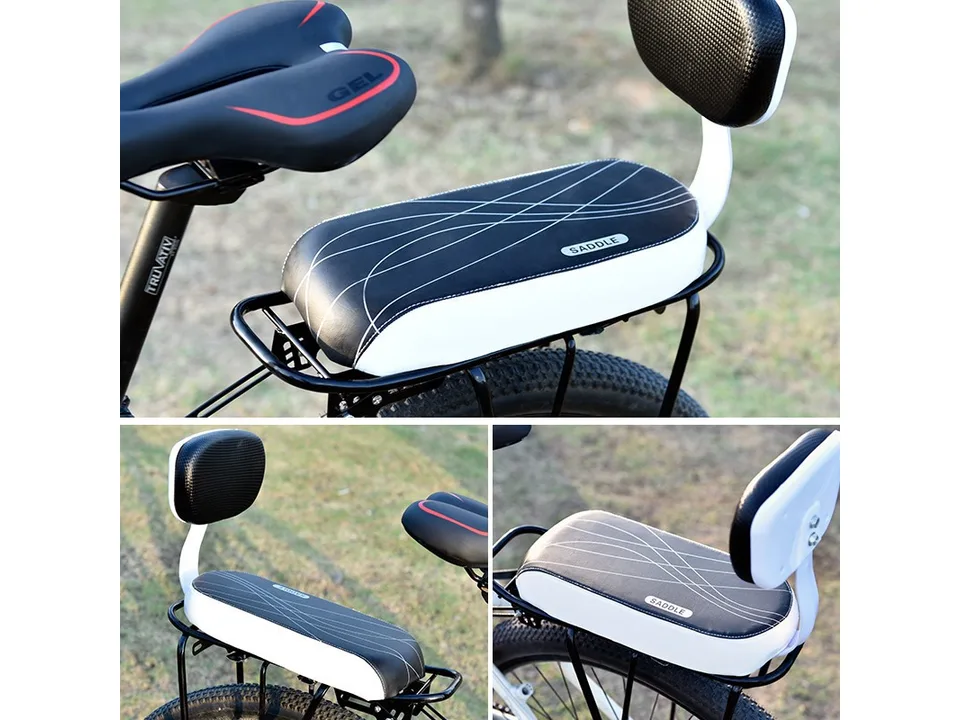 Bicycle rear seat cushion with backrest mounted on a bicycle rack.
