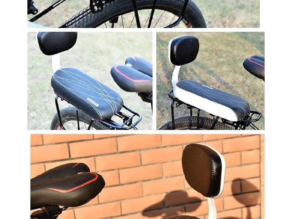 Bicycle rear seat cushion with backrest installed on a bike rack.