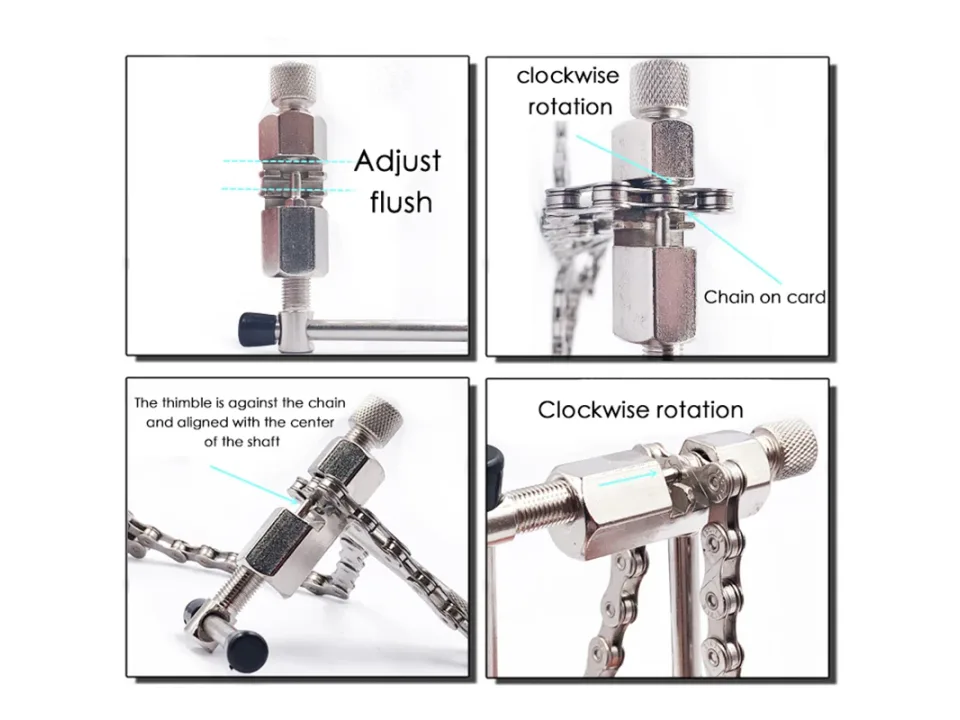 Four-panel instructional image showing how to use a chain tool on a bicycle chain.