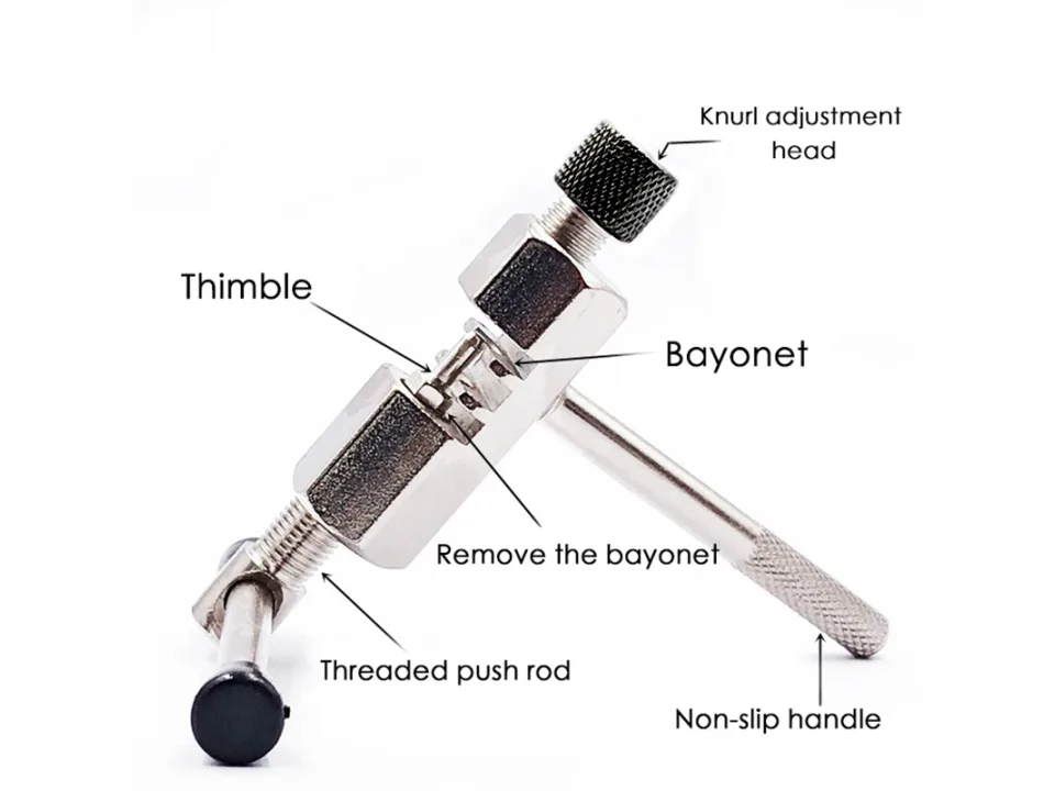 Diagram of a bicycle chain tool with labels for its various parts.