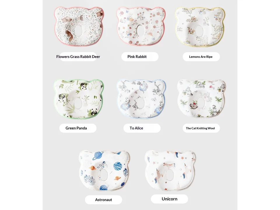 A collection of eight different baby pillow designs with their names listed below each.