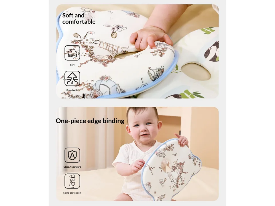 A baby holding the pillow, showing the soft texture and edge binding.