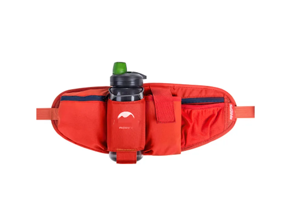 Red outdoor sports waist pack with a water bottle holder.