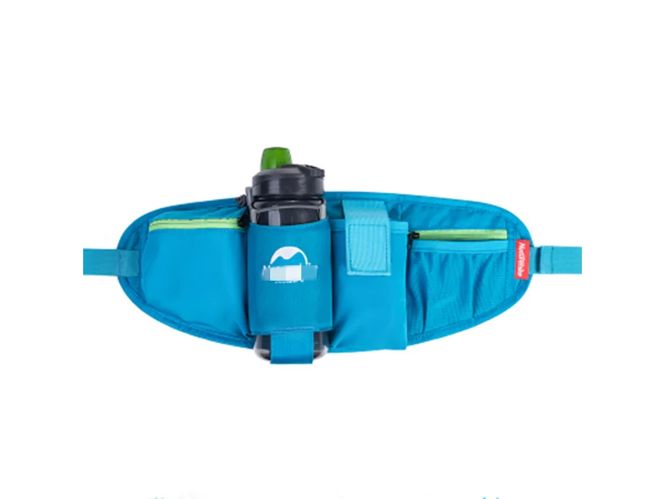 Blue outdoor sports waist pack with a water bottle holder.