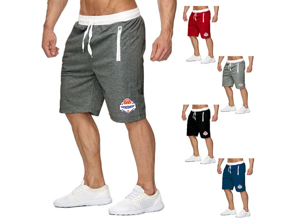 A collage showing men wearing athletic basketball shorts in red, grey, black, and blue.
