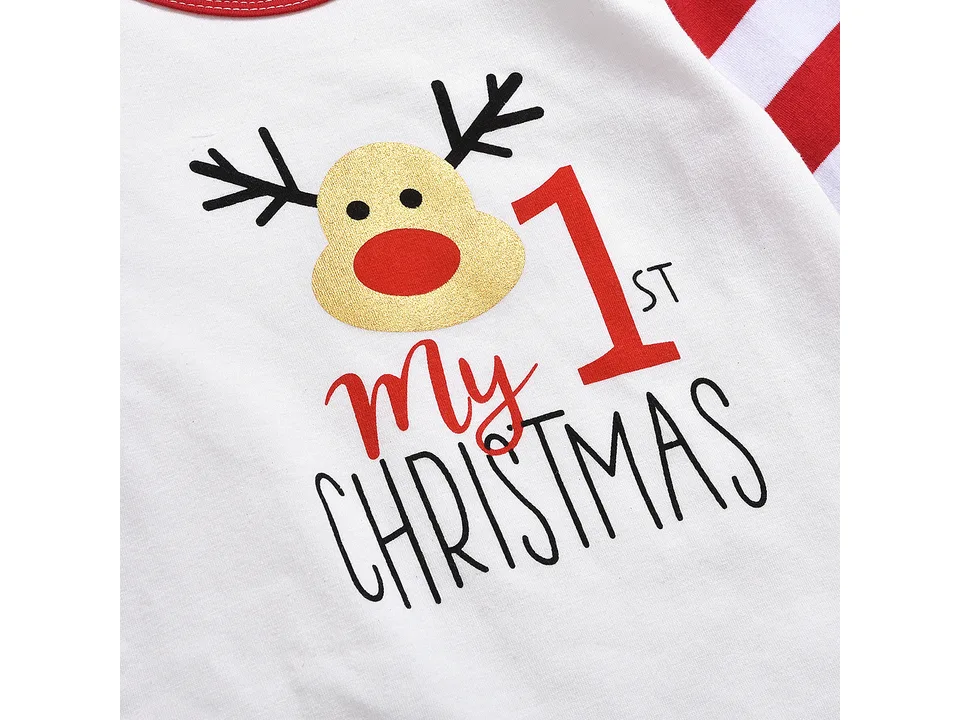 Close-up of the reindeer graphic and 'My 1st Christmas' text on the bodysuit.