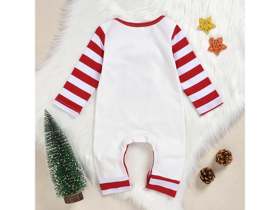 The back view of the white baby bodysuit with red and white striped sleeves.