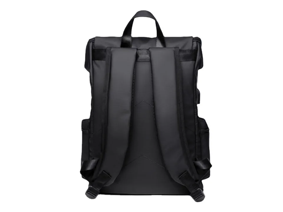 Back view of the black backpack showing shoulder straps and back padding.