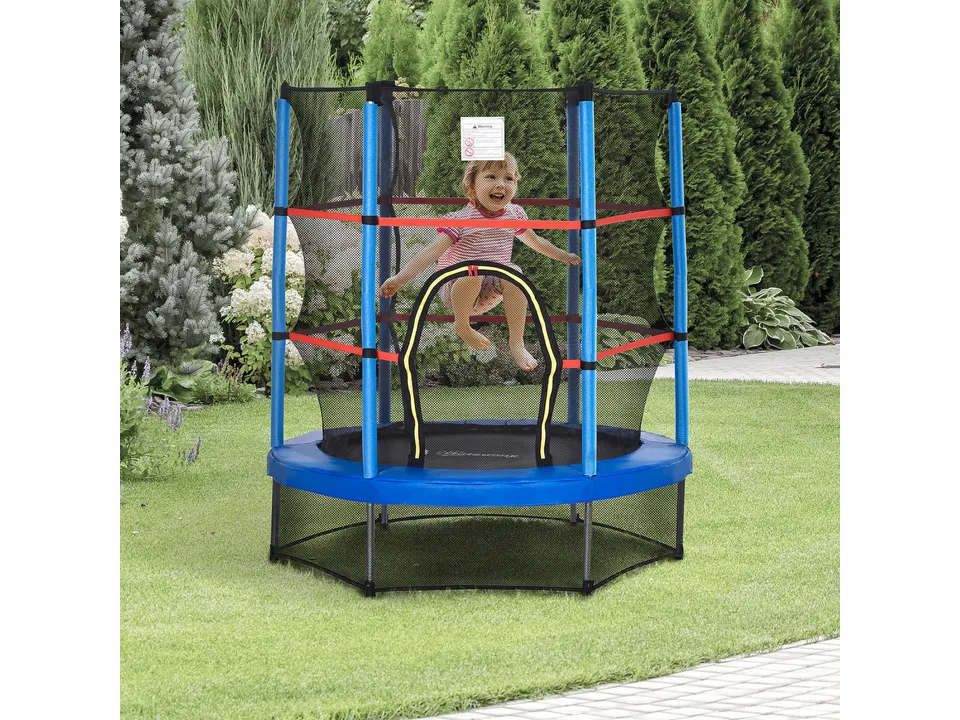 A young child jumping on a blue and black kids' trampoline in a garden.